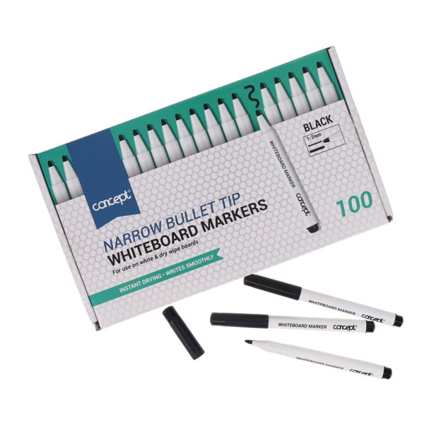 CONCEPT PKT.100 NARROW BULLET TIP WHITEBOARD MARKERS CDU - BLACK