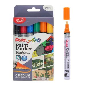 PENTEL PAINT MARKER MEDIUM BULLET TIP STANDARD COLOURS 6 PC WALLET