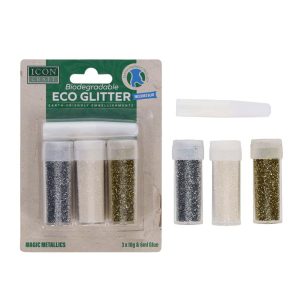 ICON CRAFT SET BIODEGRADABLE GLITTER 10G X 3 ASST. AND WHITE GLUE 6ML