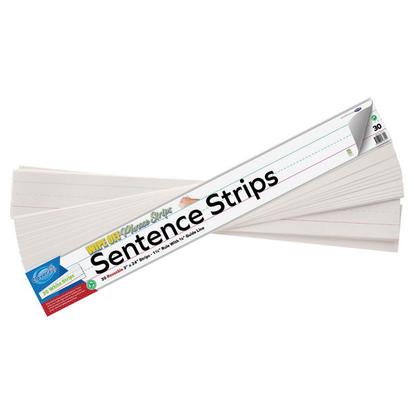 CLEVER KIDZ PKT.30 WIPE-OFF REUSABLE SENTENCE STRIPS 3"x24" - WHITE