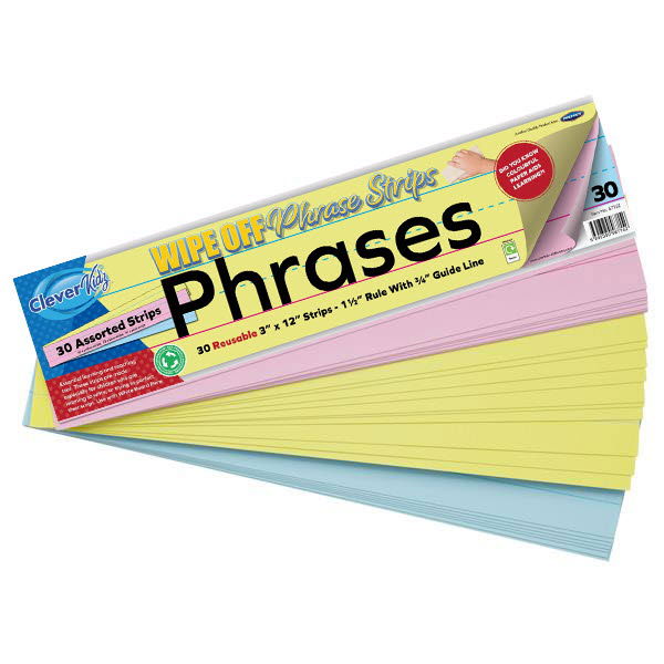 CLEVER KIDZ PKT.30 WIPE-OFF PHRASE STRIPS 3"x12" - COLOURED