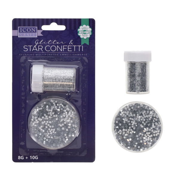 ICON CRAFT GLITTER AND STAR CONFETTI SILVER - 8g+10g
