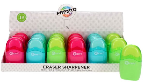 PREMTO DOUBLE HOLE SHARPENER WITH ERASER CDU - 3 ASST.