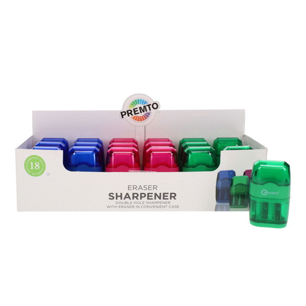 PREMTO DOUBLE HOLE SHARPENER WITH ERASER CDU - 3 ASST.