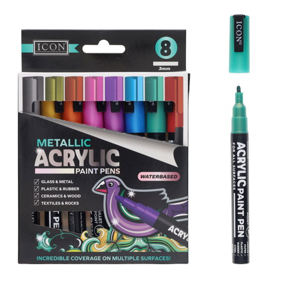 ICON PKT.8 METALLIC ACRYLIC PAINT PENS 3MM